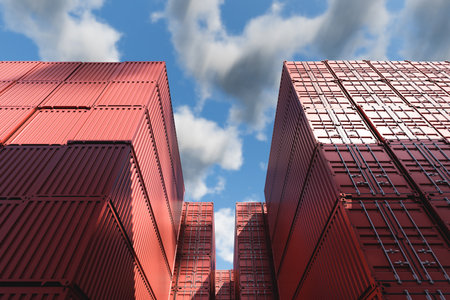 Lots of long cargo containers stacked at the terminal/port for import export business. Logistics, unloading, loading, storage, cargo sortingの写真素材
