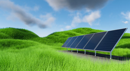 Several solar panels against the background of grass, green hills and a cloudy skyの写真素材