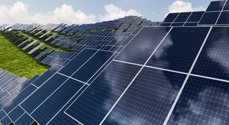 Solar panel modules in a field against a background of green grass. Ground power plant of alternative electricityの写真素材