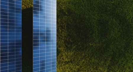 Rows of solar panels at sunset in a field against the backdrop of green grass. Ground power plant of alternative electricityの写真素材