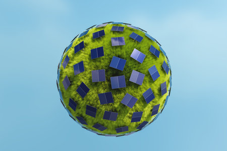 Solar panels installed on a green sphere with tall grassの写真素材
