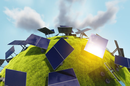 Close up of solar panels installed on a green sphere with grassの写真素材