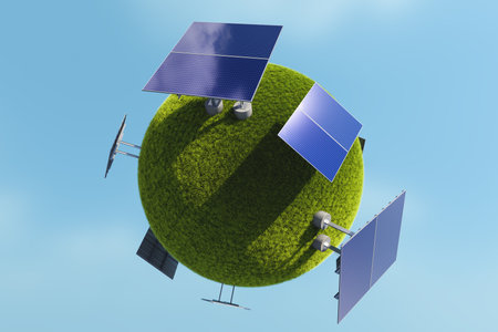 Solar panels of different sizes placed on a green sphere with grass