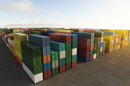 Industrial container yard for logistic import-export business in rows top view at sunset