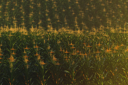 Green field of corn with cobs. Corn plant in 3Dの写真素材