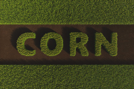 Inscription Corn from plants on an agricultural field. Corn plant 3D on soil background. Agriculture, business, technology.の写真素材