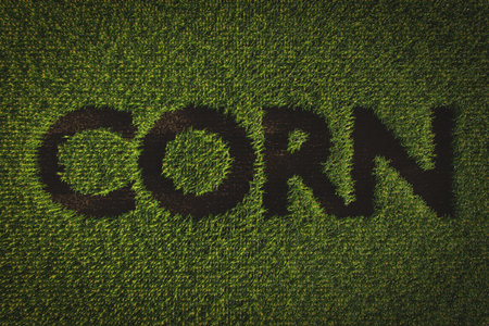 Inscription Corn from plants on an agricultural field. Corn plant 3D on soil background. Agriculture, business, technology.の写真素材