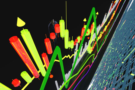 Price movement chart with indicators and volumes. The trader analyzes the price movement on a huge...