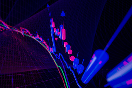 3d candlestick financial chart with indicators. Candlestick chart patterns uptrend.