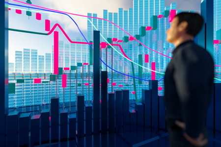 Abstract graphs and statistics against the background of a sunny sky. The trader analyzes the price movement of an asset. Trading and financial markets concept.の写真素材