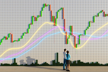 Business people look at a growth chart. The trader analyzes the price movement on a huge trading chart. A businessman-investor watches the movement of the price of an asset.の写真素材