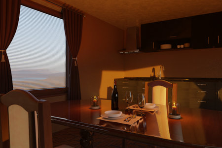 Bottle of wine with glasses, candles and plates on a wooden varnished table in a cozy kitchen filled with warm evening lightの写真素材