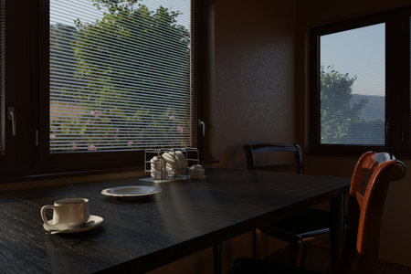 Modern kitchen interior with a set table: a cup of tea and morning light. Warm and cozy atmosphere.の写真素材