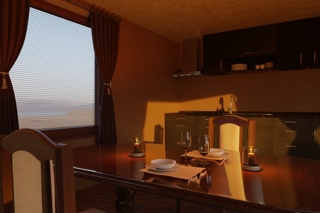 Glasses, candles on a wooden table in a cozy kitchen, filled with warm evening lightの写真素材