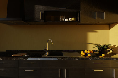 Fresh oranges on the kitchen countertop early in the morning in the warm rays of the sun.の写真素材