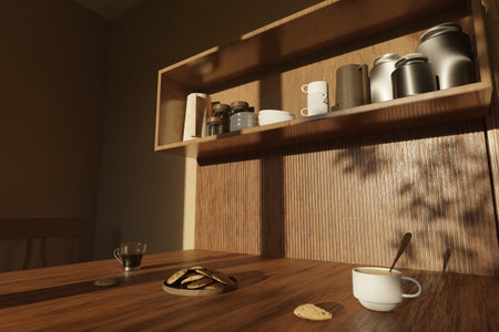 Minimalist kitchen with cookies, cups of coffee and cozy morning lightの写真素材