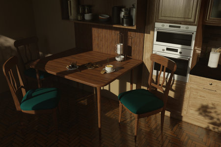 Coffee with cookies on a wooden table in a cozy kitchen in the morning sunの写真素材