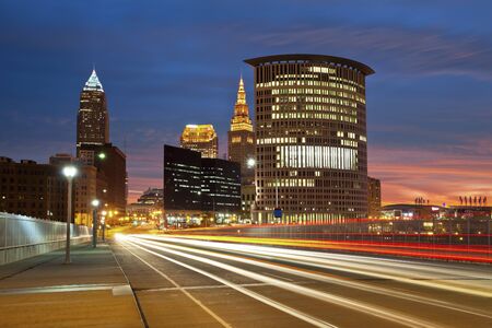 Cleveland. Image of Cleveland downtown at beautiful colorful sunrise.の写真素材
