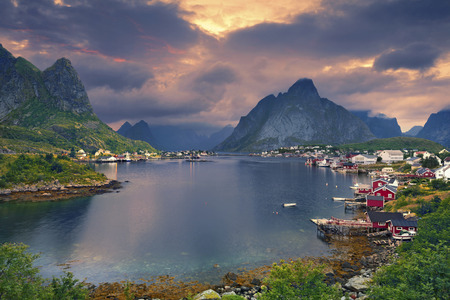 Reine, Norway. Scenic town of Reine by the fjord on Lofoten Islands in Norway.の写真素材