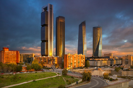 Madrid. Image of Madrid, Spain financial district with modern skyscrapers during sunrise.の写真素材