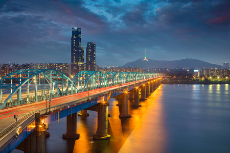 Seoul. Image of Seoul, South Korea with Dongjak Bridge and Hangang river at twilight.の写真素材