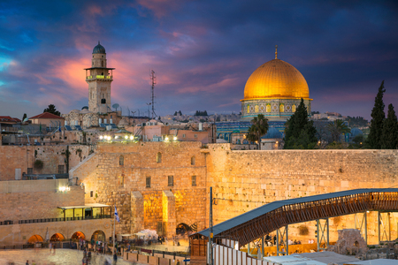 Jerusalem. Cityscape image of Jerusalem, Israel with Dome of the Rock and Western Wall at sunset.