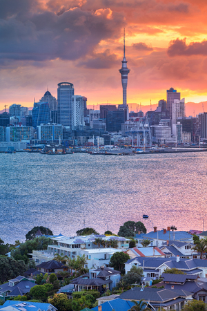 Auckland. Cityscape image of Auckland skyline, New Zealand during sunset with the Davenport in the foreground.の写真素材