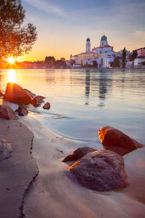 Passau Skyline, Germany. Cityscape image of Passau skyline, Bavaria, Germany at dramatic sunset.の写真素材