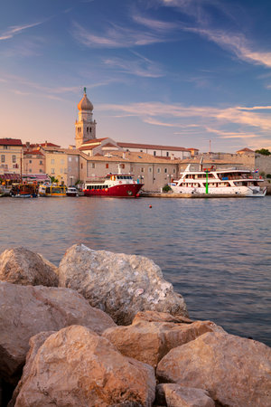 Town of Krk, Croatia. Cityscape image of Krk, Croatia located on Krk Island with the Krk Cathedral at summer sunset.の写真素材