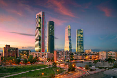 Madrid, Spain. Cityscape image of financial district of Madrid, Spain with modern skyscrapers at twilight blue hour.の写真素材