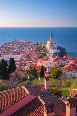 Piran, Slovenia. Aerial cityscape image of beautiful Piran, Slovenia at spring sunset.の写真素材