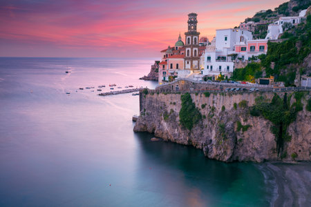 Atrani, Amalfi Coast, Italy. Aerial cityscape image of famous city Atrani located on Amalfi Coast, Italy at sunset.の写真素材