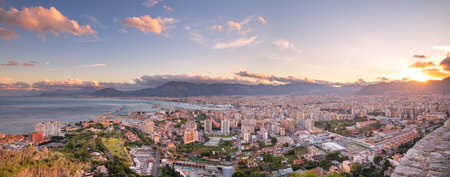 Palermo, Sicily, Italy. Aerial cityscape image of Palermo, Sicily with sea port at sunset.の写真素材
