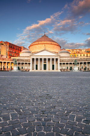 Naples, Italy. Cityscape image of Naples, Italy with the view of large public town square Piazza del Plebiscito at sunrise.の写真素材