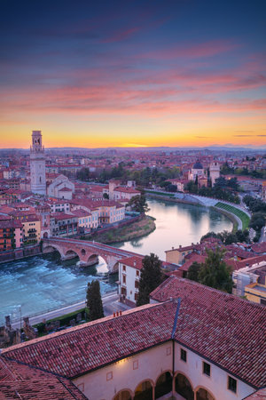 Verona, Italy. Aerial cityscape image of Verona, Italy at sunset.の写真素材