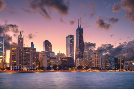 Chicago, Illinois, USA. Cityscape image of Chicago skyline at beautiful summer sunset.の写真素材
