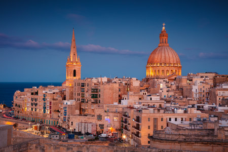 Valletta, Malta. Cityscape image of historical old town of Valletta, Malta at twilight blue hour.の写真素材
