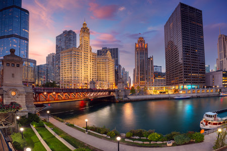 Chicago, Illinois, USA. Cityscape image of Chicago skyline at beautiful spring sunset.の写真素材