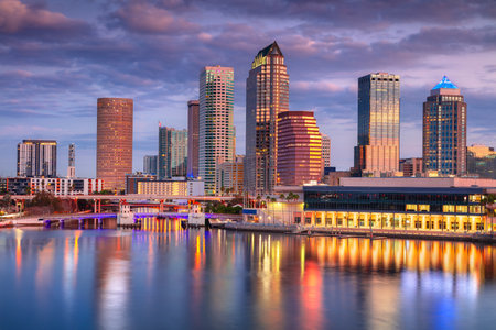 Tampa, Florida, USA. Aerial cityscape image of Tampa, Florida with reflection of the city skyline in the water at beautiful sunrise.の写真素材