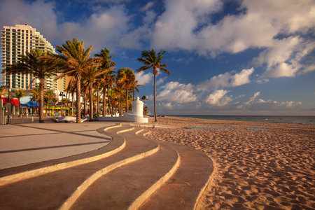 Fort Lauderdale, Florida, USA. Cityscape image of beachfront of Fort Lauderdale with sandy beach at beautiful sunrise.の写真素材