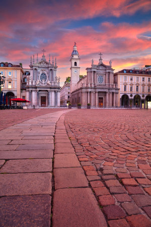 Turin, Italy. Cityscape image of St. Charles Square in Turin, Italy during summer sunset.の写真素材