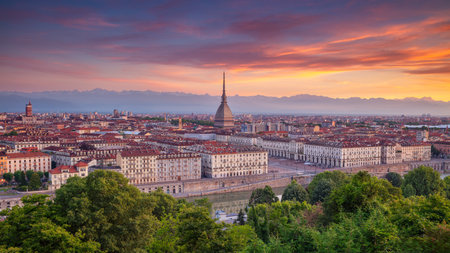 Turin, Italy. Panoramic aerial cityscape image of Turin, Italy during beautiful summer sunrise.の写真素材