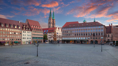 Nuremberg, Germany. Cityscape image of old town Nuremberg, Germany with Main Market Square at summer sunrise.の写真素材