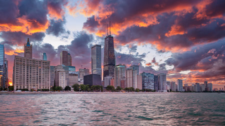 Chicago, Illinois, USA. Cityscape image of Chicago skyline at dramatic stormy sunset.の写真素材