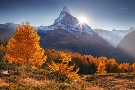 Matterhorn, Swiss Alps, Switzerland. Landscape image of Swiss Alps with iconic peak Matterhorn in the background at beautiful autumn sunset.の写真素材