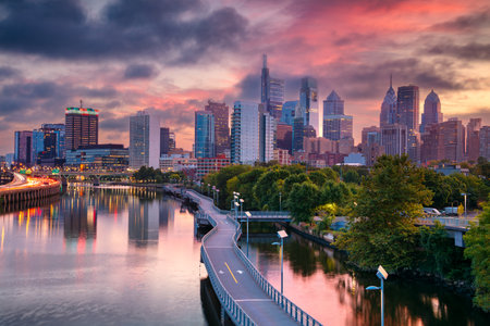 Philadelphia, Pennsylvania, USA. Cityscape image of downtown Philadelphia, Pennsylvania and Schuylkill River leading to the city at beautiful autumn sunrise.の写真素材