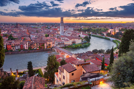 Verona, Italy. Aerial cityscape image of Verona, Italy at beautiful spring sunset.の写真素材