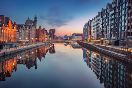 Gdansk, Poland. Cityscape image of old town Gdansk, Poland at twilight blue hour.の写真素材