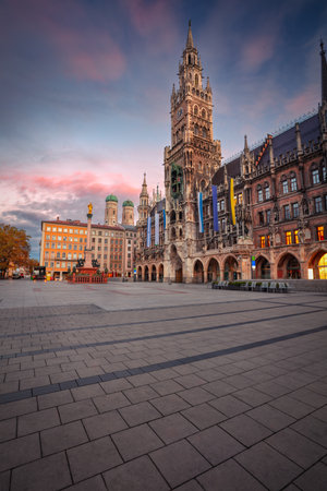 Munich, Germany. Cityscape image of downtown Munich, Germany with Marienplatz at beautiful autumn sunrise.の写真素材