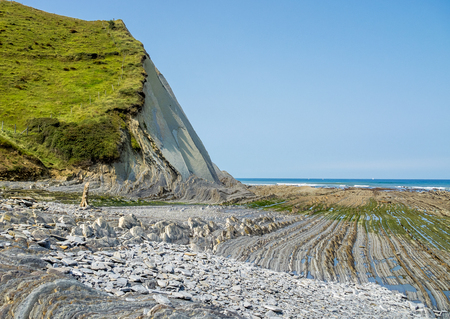 Flysch Coast of Sakoneta, Zumaia, Spain. Flysch is a sequence of sedimentary rock layers that...